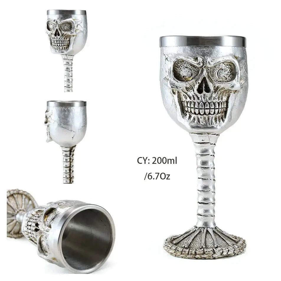 Silver skull goblet with textured metallic finish and ribbed stem gothic dragon skull goblet stainless steel wine glass
