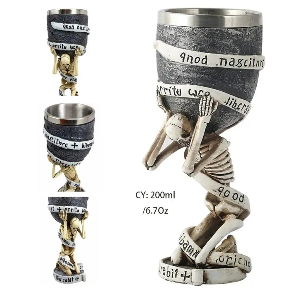 A dark textured stainless steel skull goblet with metallic rim and base held by a skeleton with white ribbon decorbites dragon skull