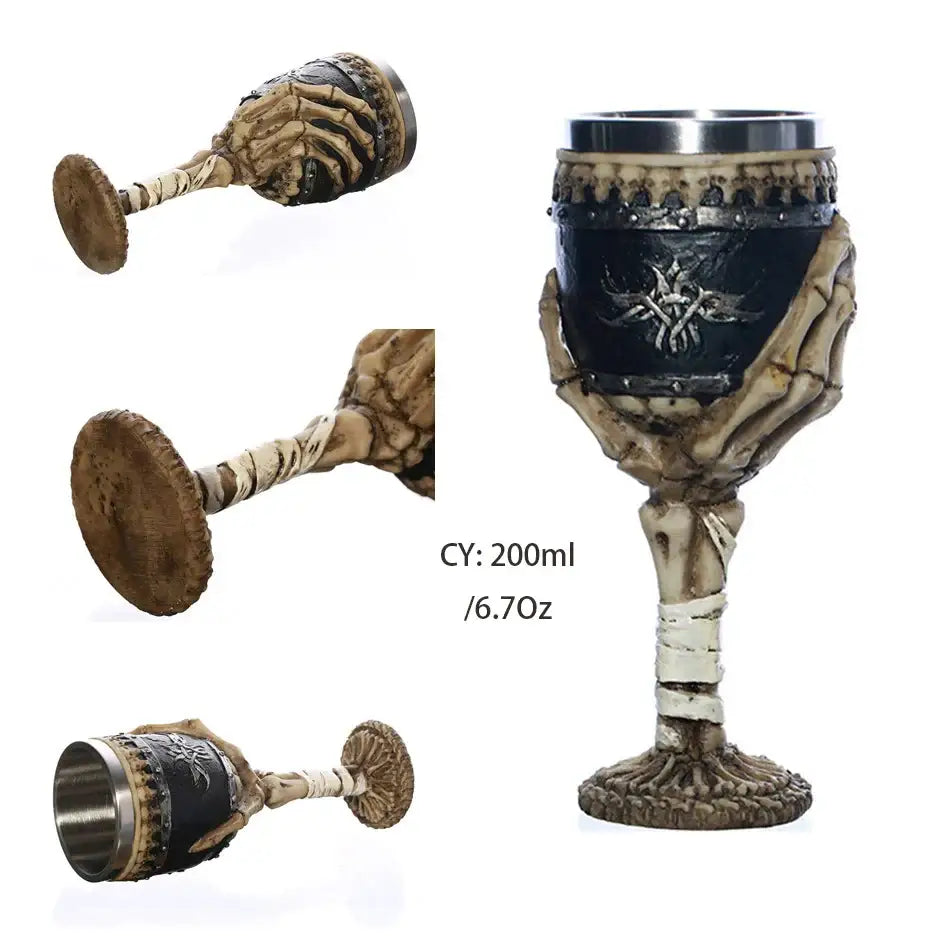 Dark metallic stainless steel skull goblet with skeletal hand and ornate black band for gothic decorbites dragon skull use