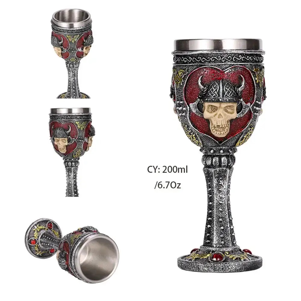 Ornate silver-toned skull goblet with red accents featuring embossed horned helmet for gothic dragon skull decorbites