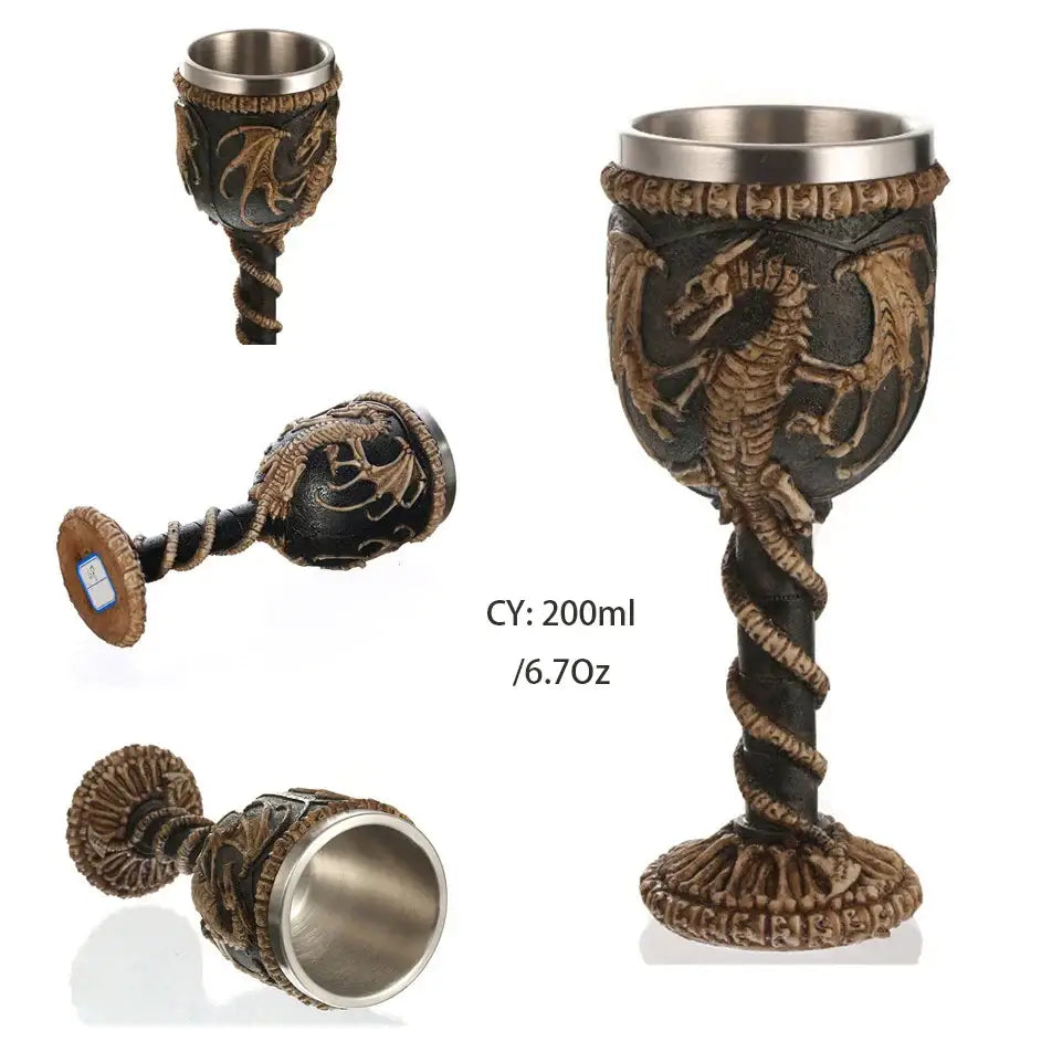 Gothic dragon skull goblet made of stainless steel with dark intricate dragon carvings and twisted stem for wine use