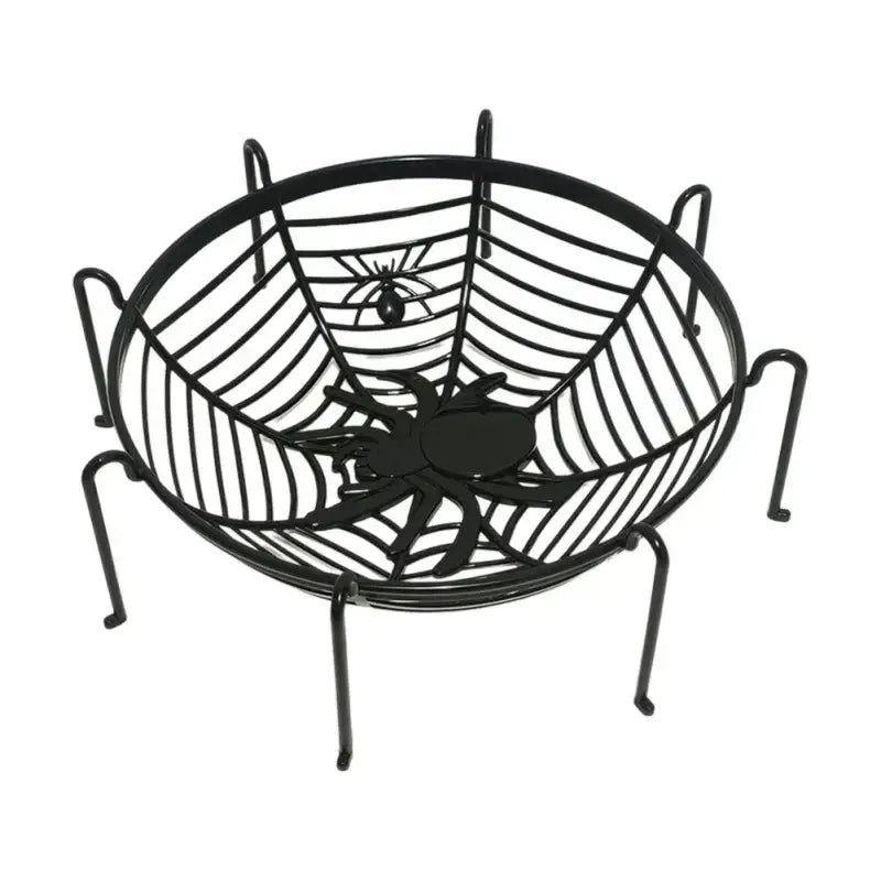 Black metal spiderweb basket storage plate with central skull spider design and four legs for candy dining room use