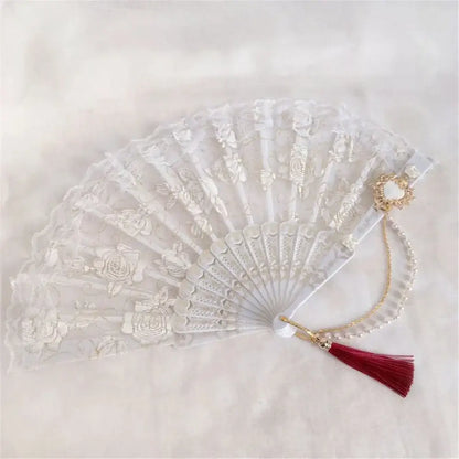White lace fan with delicate floral embroidery gold-toned decorative clasp and elegant gemstone handle for goth decorbites party decor