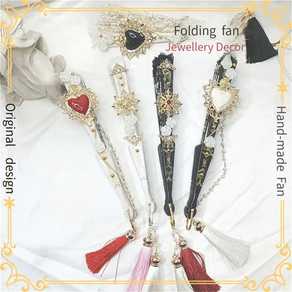 Elegant gemstone lace fan in red white and black with gold filigree jeweled motifs and decorative tassel for decorbites decor