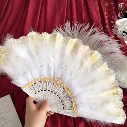 Elegant white lace fan with gold filigree trim and pearl clasp featuring decorbites elegant gemstone handle for party decor