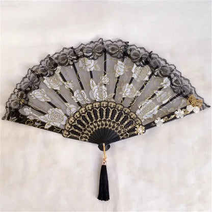 Elegant black and gold lace fan with white embroidered roses and decorbites elegant gemstone handle for gothic party decor