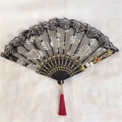 Elegant black lace fan with silver floral embroidery gold detailing and red tassel for gothic gold filigree lace fan decorbites elegant gemstone handle