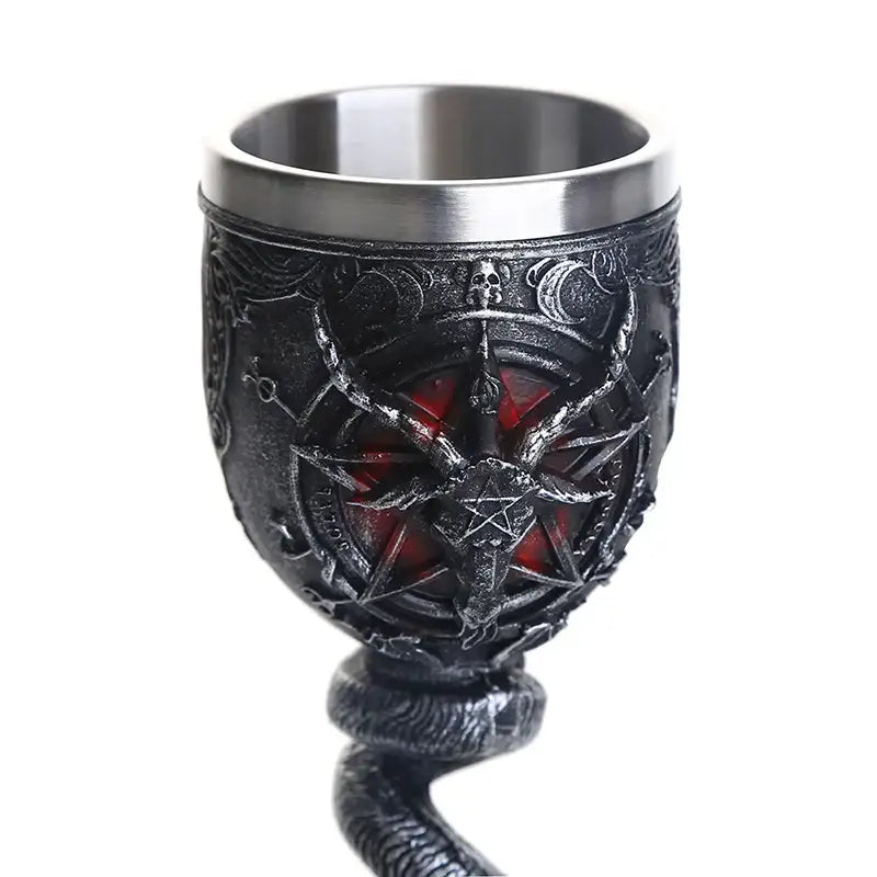 Black stainless steel gothic silver baphomet wine glass with ornate demonic and pentagram designs and silver rim