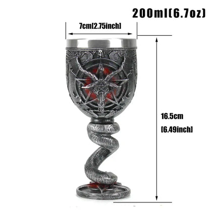 A dark stainless steel gothic baphomet wine glass with a silver rim, coiled serpent stem, and pentagram design