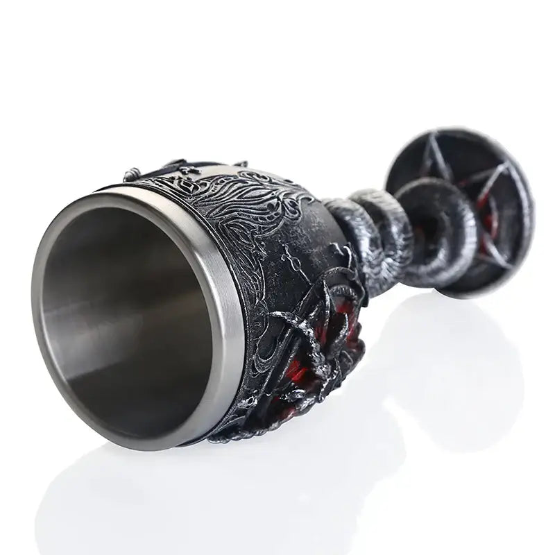 Darkly ornate gothic baphomet wine glass with stainless steel silver rim and handle featuring dragon and pentagram designs