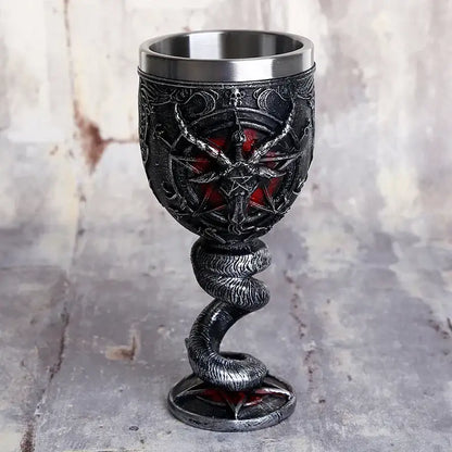 Darkly ornate gothic silver baphomet wine glass stainless steel with embossed pentagram and serpentine base