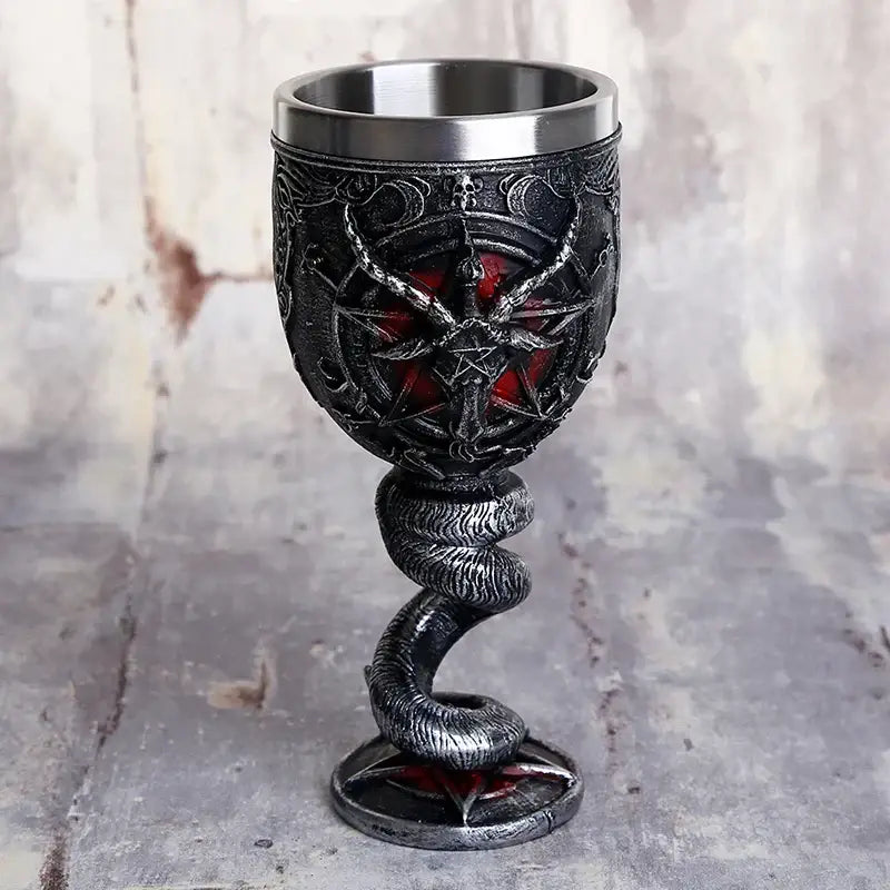 Darkly ornate gothic silver baphomet wine glass stainless steel with embossed pentagram and serpentine base