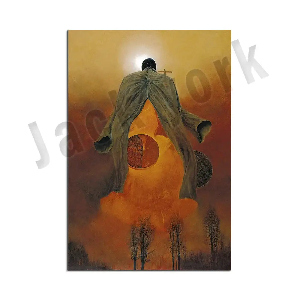 Gothic surreal art canvas print set featuring a figure in dark green robe with orange sunburst for living room decorbites beksinski surreal decor