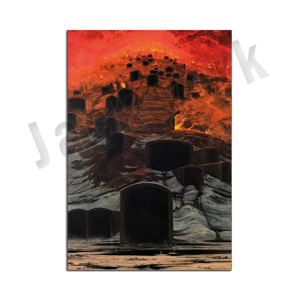Haunting vivid gothic surreal art canvas print featuring fiery tombstones under a red-orange sky for living room decorbites beksinski surreal