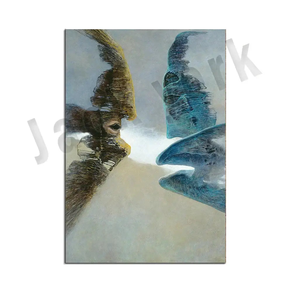Abstract surreal art canvas print set featuring stylized face figures in earthy browns and cool blues for living room decorbites beksinski surreal wall decor