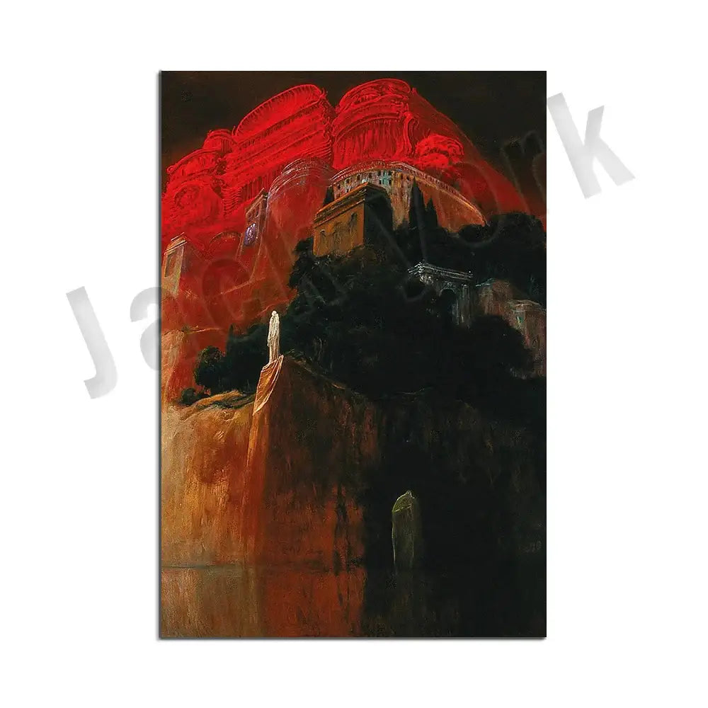 A dramatic red-lit ancient fortress oil surreal art canvas print on dark cliffs for gothic living room decorbites beksinski surreal