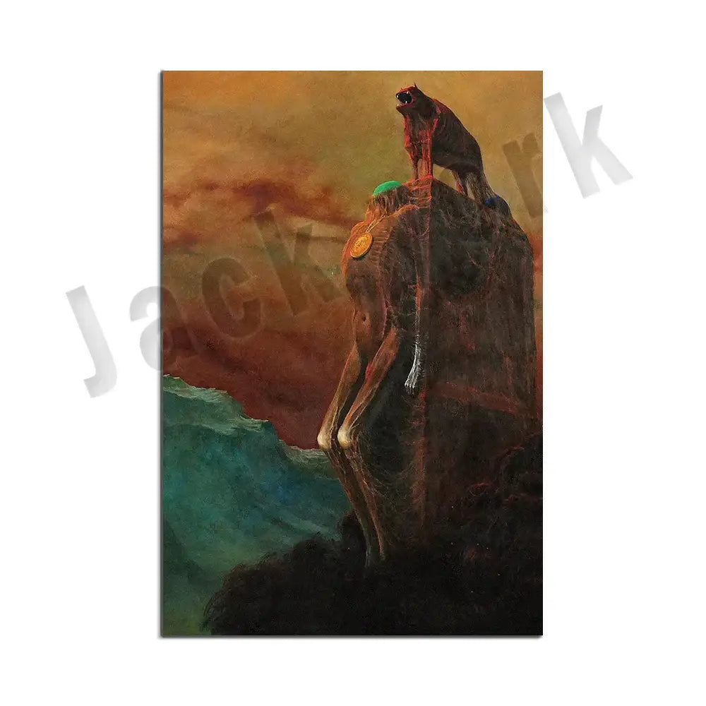 Gothic surreal art canvas print featuring a solitary figure with a black panther against a sunset sky for living room decorbites beksinski surreal decor