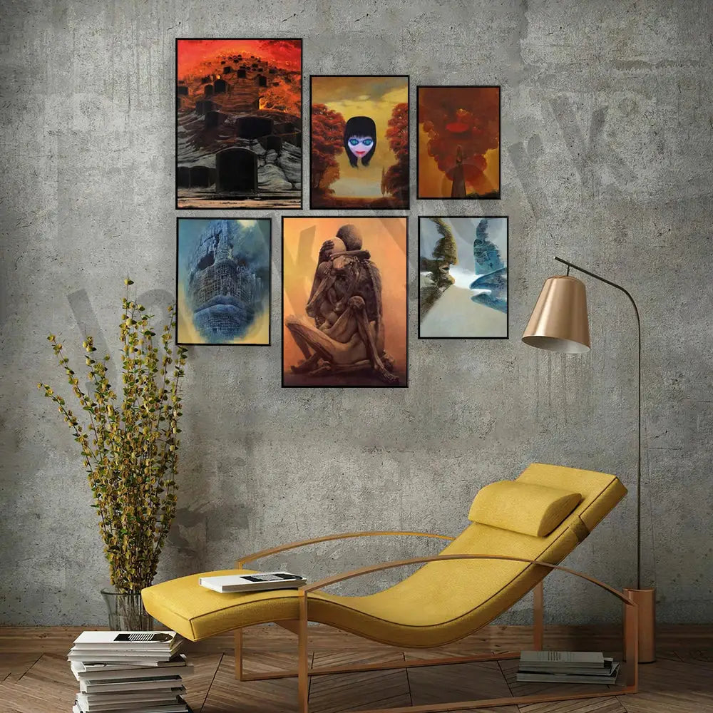 Yellow upholstered chaise lounge with wooden frame next to gothic surreal art canvas print decorbites beksinski surreal