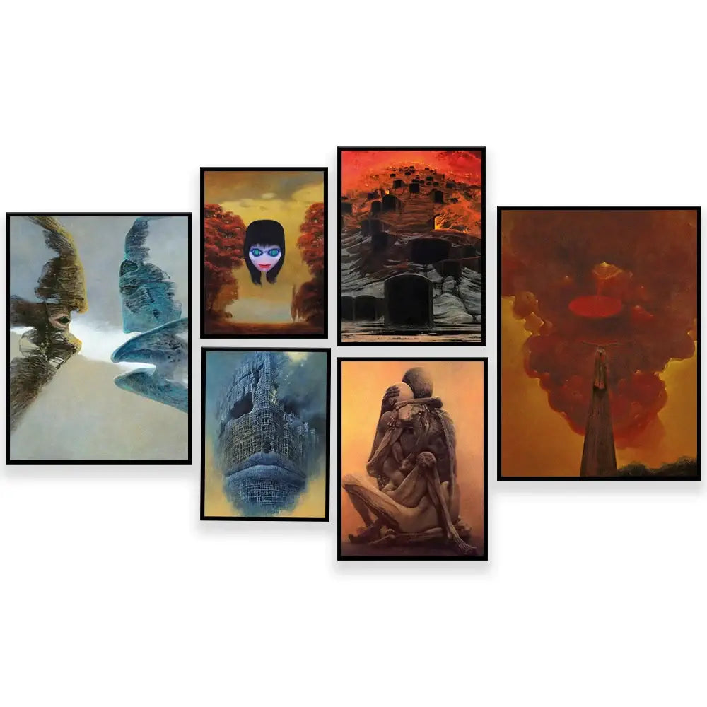 Set of five framed surreal art canvas prints with bold orange red blue and black colors for gothic living room decor