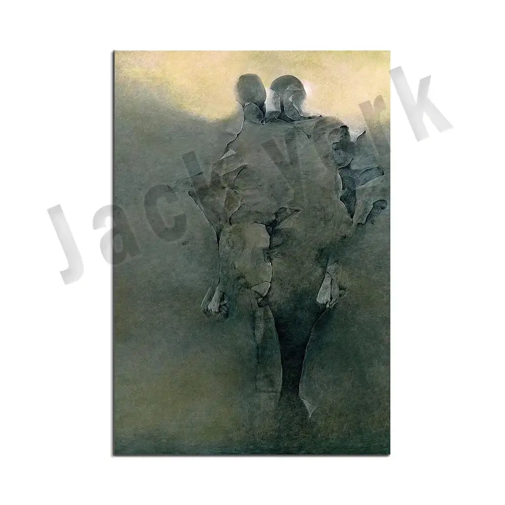 Gothic surreal art canvas print featuring two silhouetted figures on muted green and beige decorbites beksinski surreal wall decor