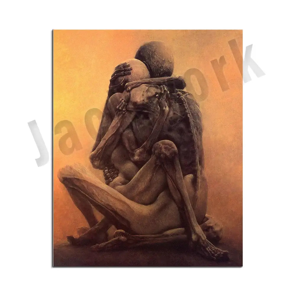 Hauntingly intimate gothic surreal art canvas print featuring two skeletal figures in warm earthy tones for living room decorbites beksinski surreal wall decor