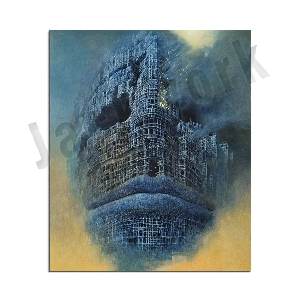 Gothic surreal art canvas print featuring a dark blue architectural face on teal and gold background for living room decorbites beksinski surreal