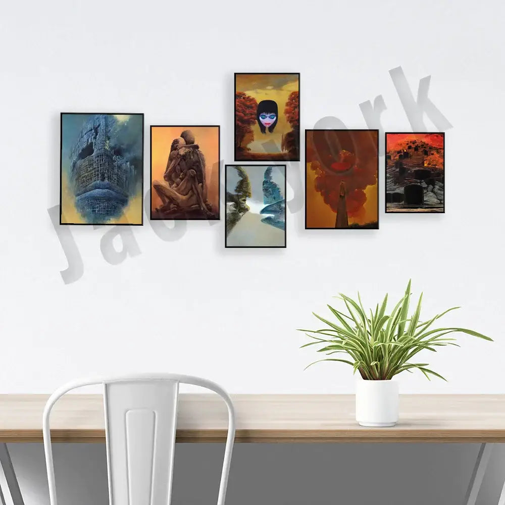 White ceramic planter holding green spider plant next to gothic surreal art canvas print set living room decorbites beksinski surreal