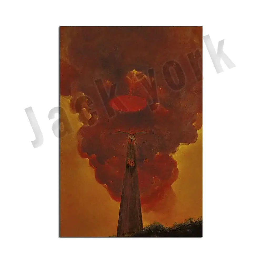 Dramatic gothic surreal art canvas print featuring a solitary figure with fiery orange and red cloud for living room decorbites beksinski surreal