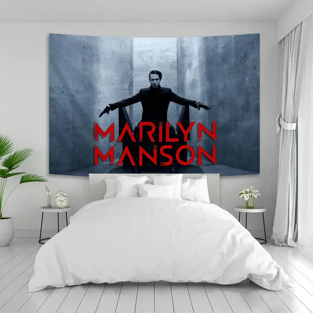 Gothic white and red baphomet poster tapestry featuring a dark marilyn manson image in black attire on gray backdrop