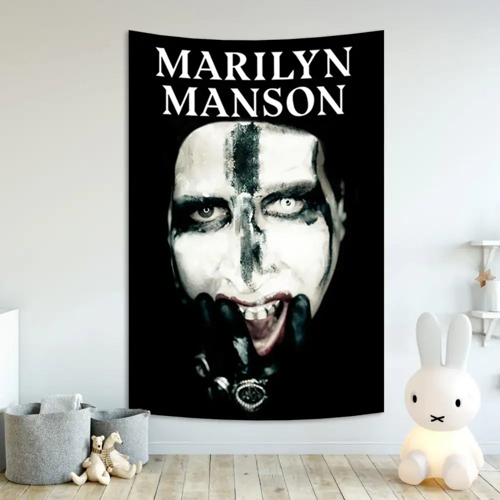 Black marilyn manson wall tapestry with high-contrast portrait and white text featured in gothic baphomet poster tapestry decor