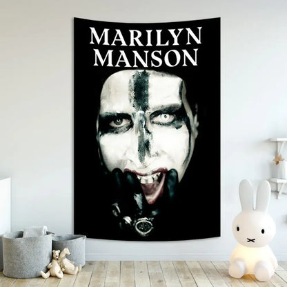 Black marilyn manson wall tapestry with high-contrast portrait and white text featured in gothic baphomet poster tapestry decor