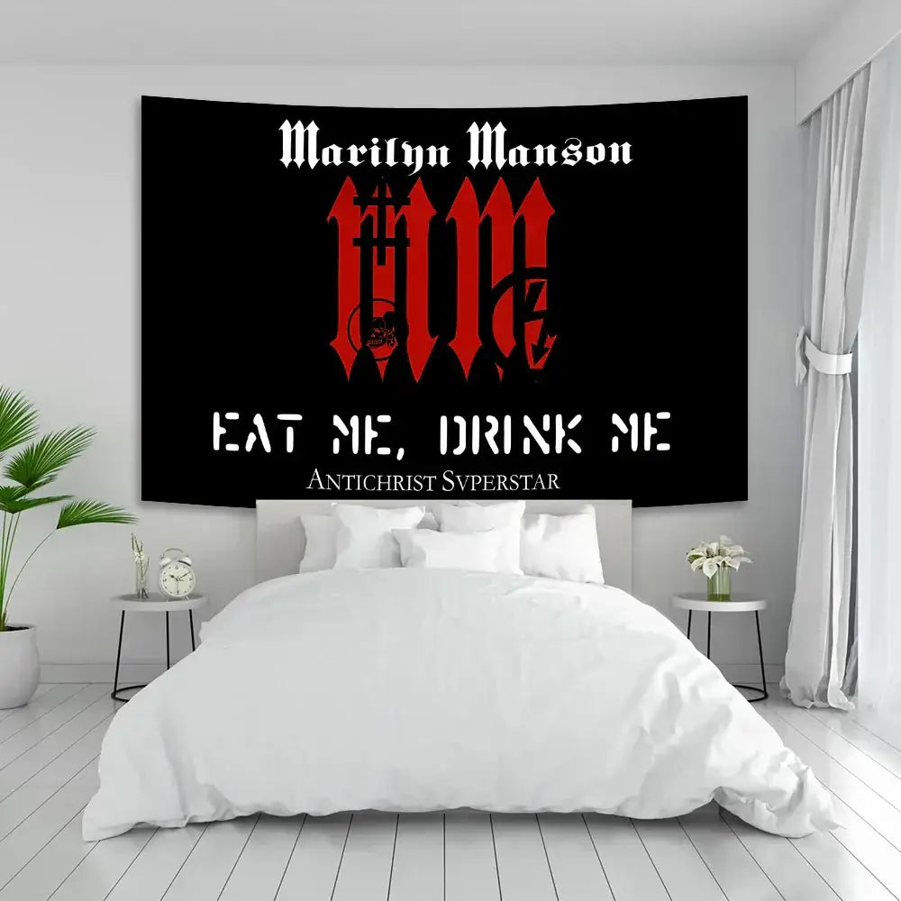 Black tapestry baphomet poster tapestry with red gothic lettering and white text for marilyn manson album wall decor