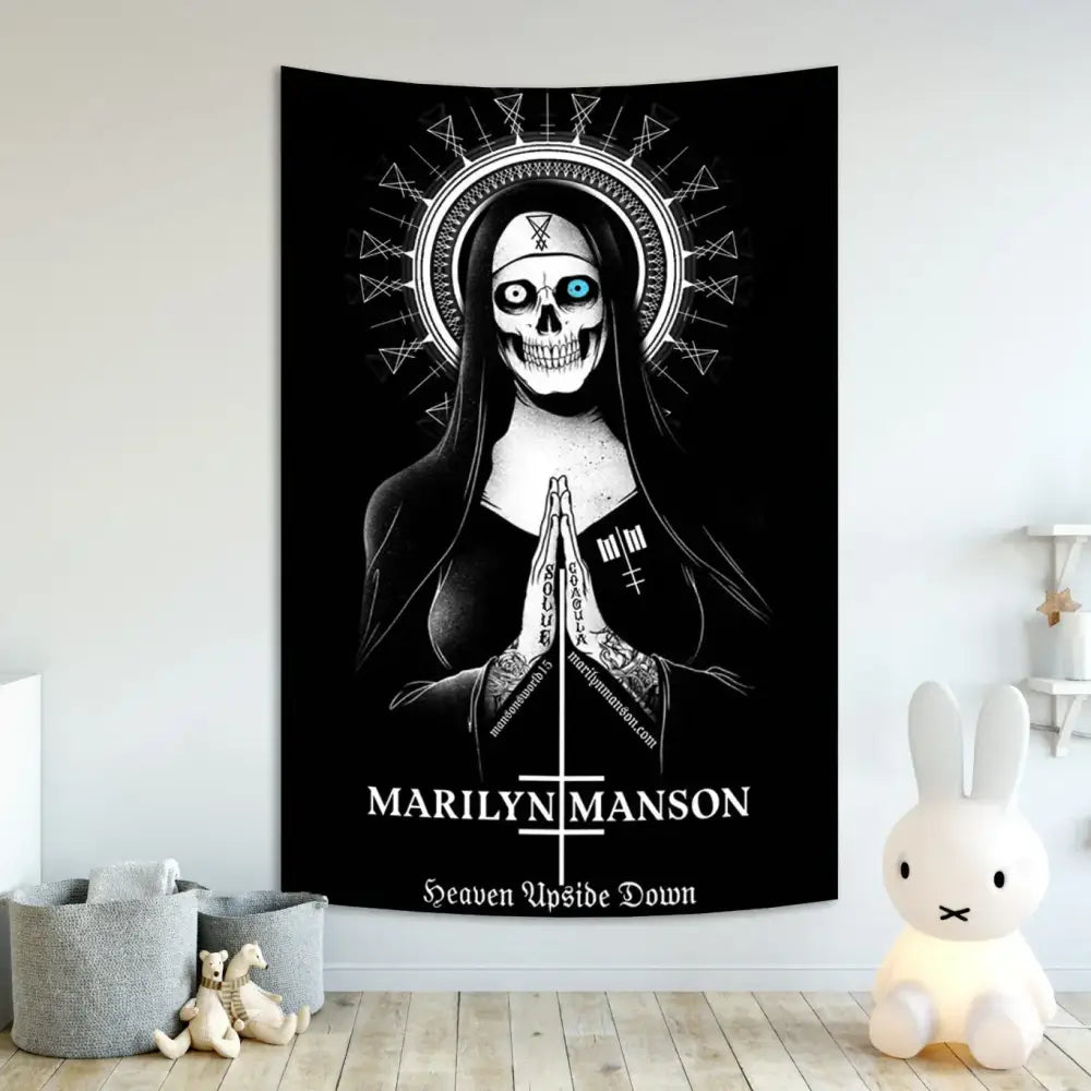 Black gothic white and red baphomet poster tapestry featuring a skeletal nun with glowing blue eye and intricate runes