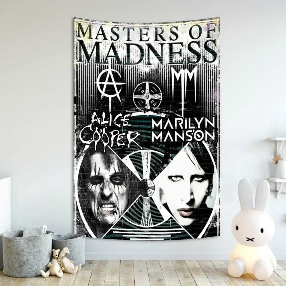 Gothic white and red baphomet poster tapestry featuring alice cooper and marilyn manson for bedroom wall decor