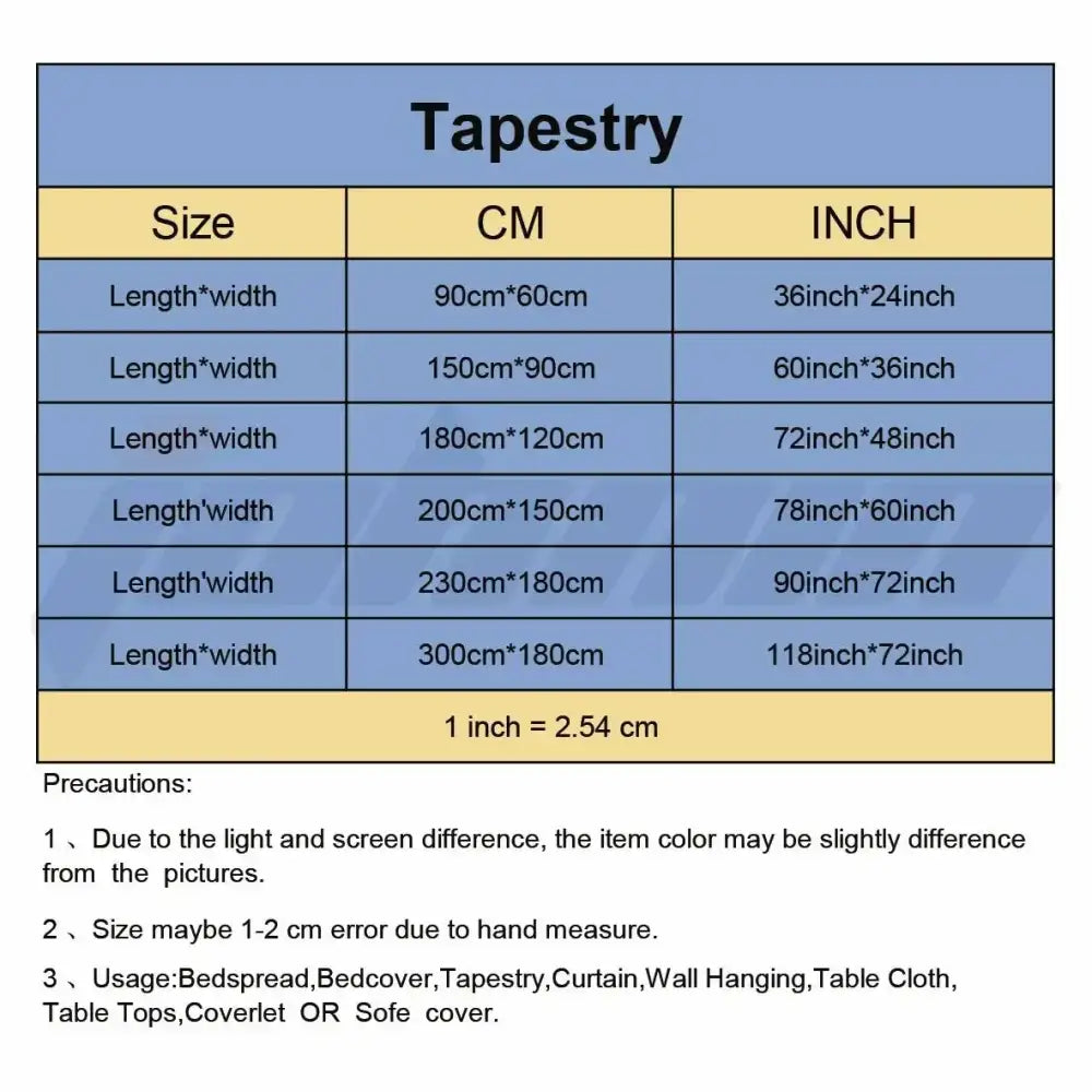 Blue tapestry size chart showing dimensions in centimeters and inches for gothic white and red baphomet poster tapestry wall decor