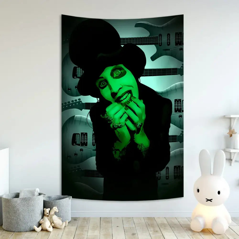 Green-lit gothic white and red baphomet poster tapestry featuring a stylized musician with guitars for bedroom decor