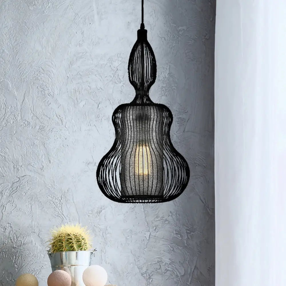 Gourd Cage Pendant Light - Simple Style Metal Black Hanging Light with Cylinder Shade