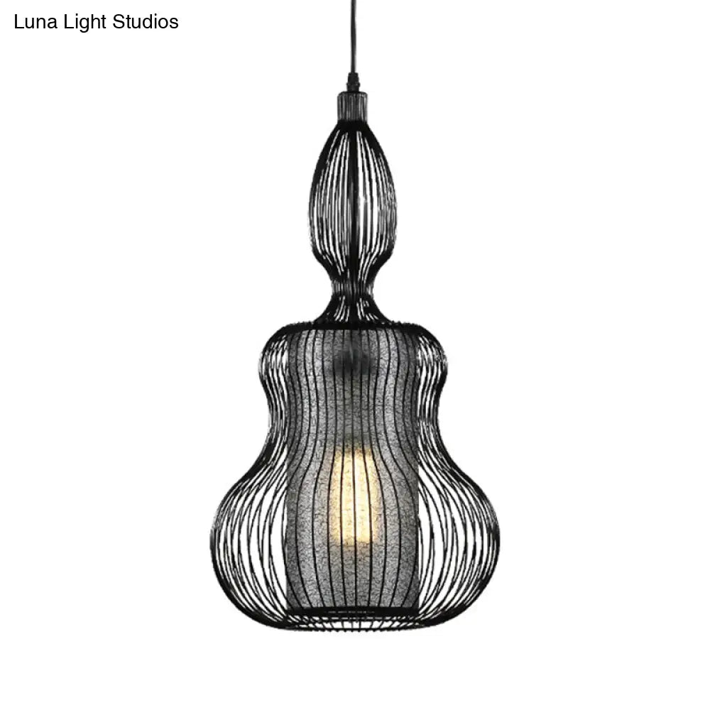 Gourd Cage Pendant Light - Simple Style Metal Black Hanging Light with Cylinder Shade