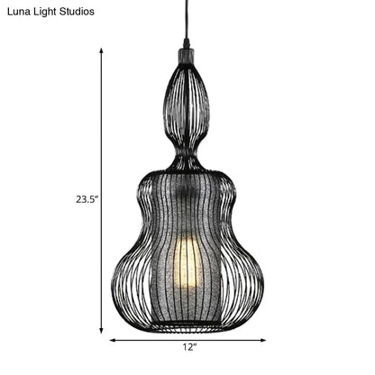 Gourd Cage Pendant Light - Simple Style Metal Black Hanging Light with Cylinder Shade