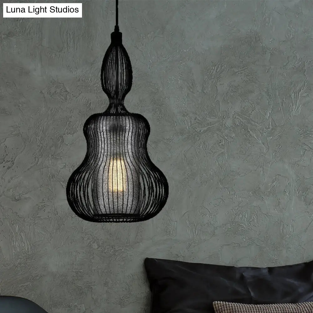 Gourd Cage Pendant Light - Simple Style Metal Black Hanging Light with Cylinder Shade