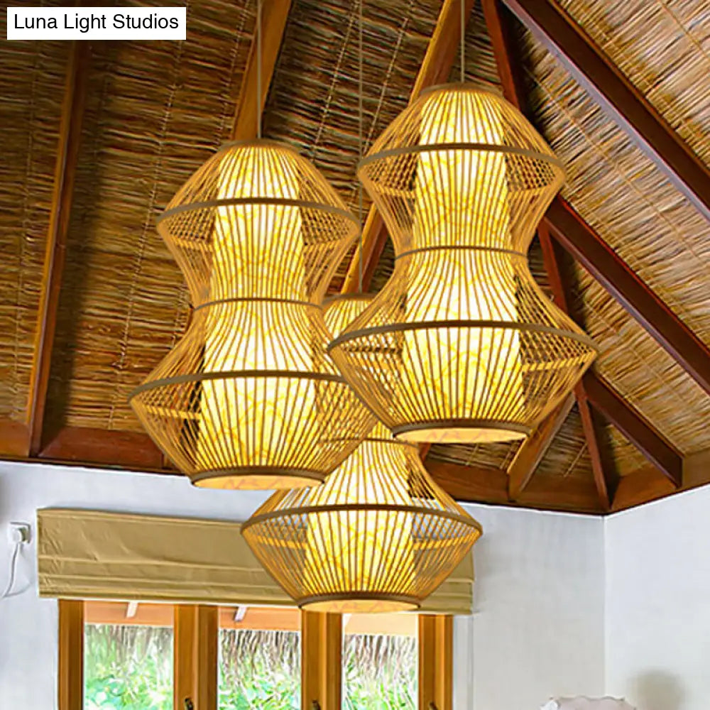 Gourd Shaped Asian Bamboo Pendant Lamp - 19.5"/23.5" Wide - Perfect for Restaurants - Wood Finish