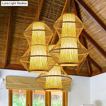 Gourd Shaped Asian Bamboo Pendant Lamp - 19.5"/23.5" Wide - Perfect for Restaurants - Wood Finish