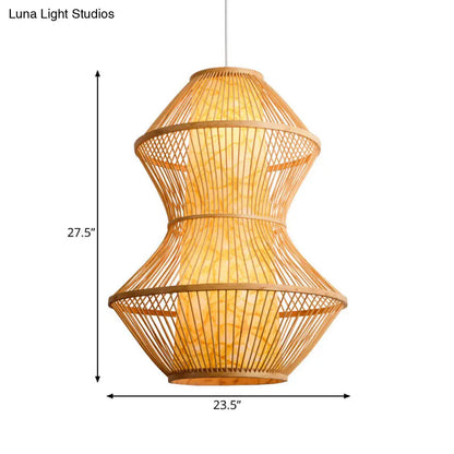 Gourd Shaped Asian Bamboo Pendant Lamp - 19.5"/23.5" Wide - Perfect for Restaurants - Wood Finish