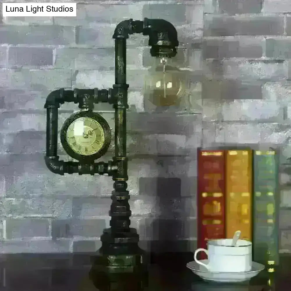 Grace - Retro Retro Plumbing Pipe Night Light 1 Head Iron Table Lighting with Clock in Bronze for Bedroom