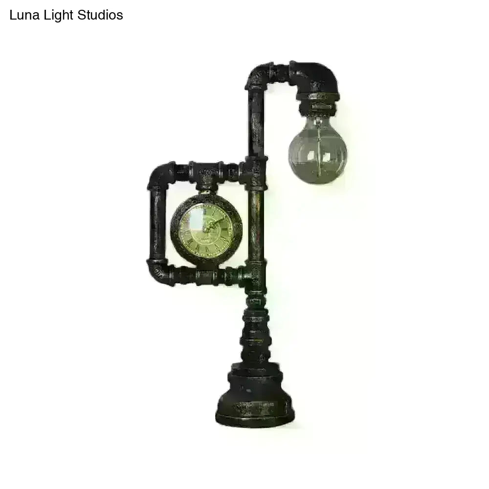 Grace - Retro Retro Plumbing Pipe Night Light 1 Head Iron Table Lighting with Clock in Bronze for Bedroom