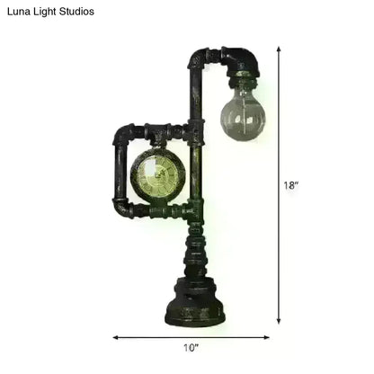 Grace - Retro Retro Plumbing Pipe Night Light 1 Head Iron Table Lighting with Clock in Bronze for Bedroom