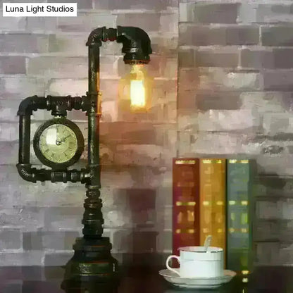 Grace - Retro Retro Plumbing Pipe Night Light 1 Head Iron Table Lighting with Clock in Bronze for Bedroom