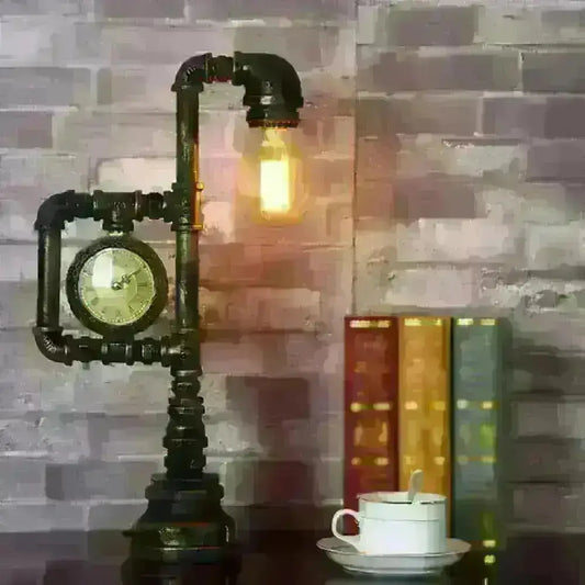 Grace - Retro Retro Plumbing Pipe Night Light 1 Head Iron Table Lighting with Clock in Bronze for Bedroom