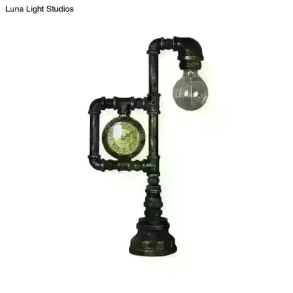 Grace - Retro Retro Plumbing Pipe Night Light 1 Head Iron Table Lighting with Clock in Bronze for Bedroom