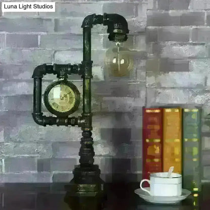 Grace - Retro Retro Plumbing Pipe Night Light 1 Head Iron Table Lighting with Clock in Bronze for Bedroom